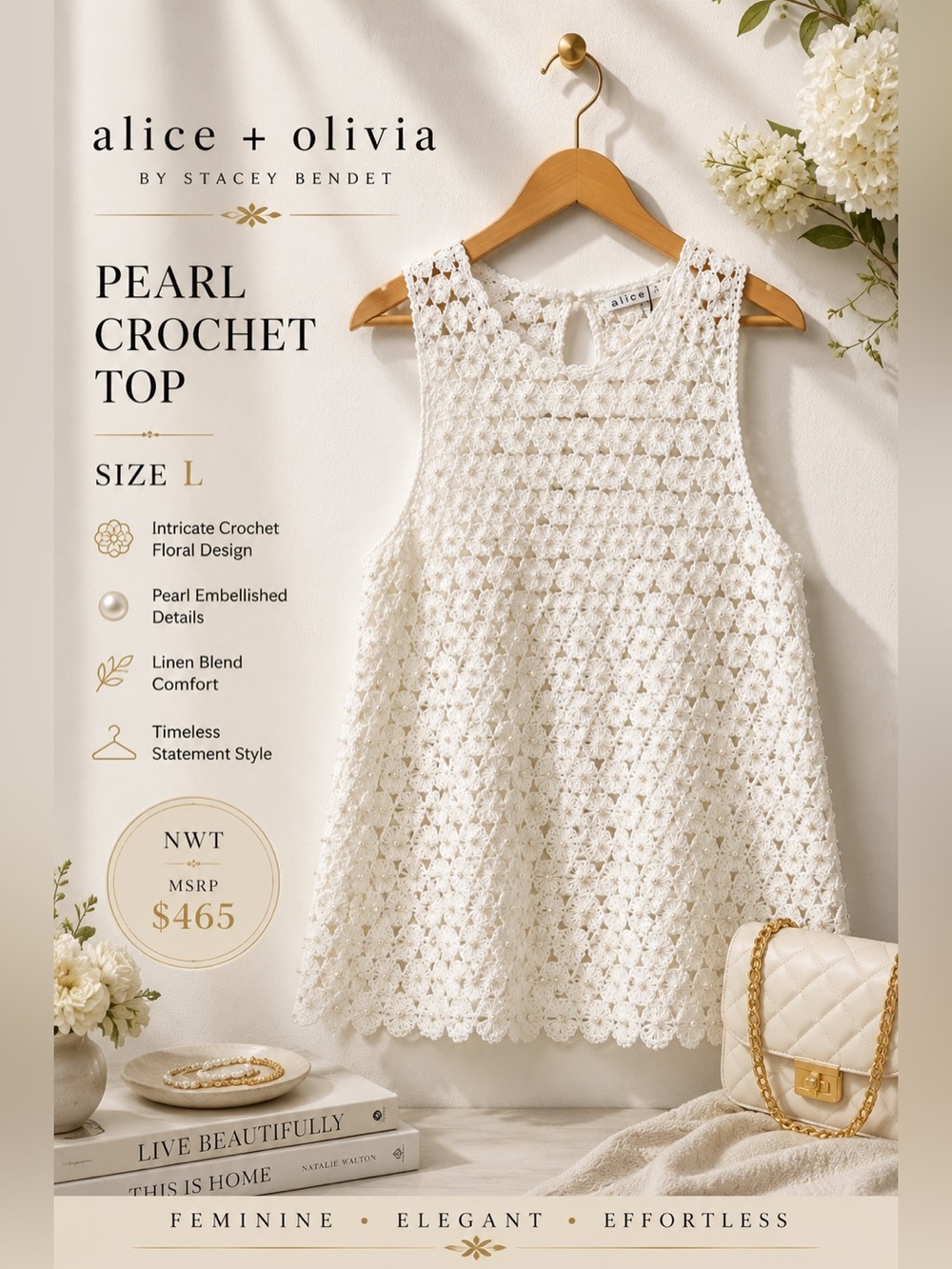 Alice + Olivia Pearl Embellished Crochet Sleeveless Top NWT MSRP $465